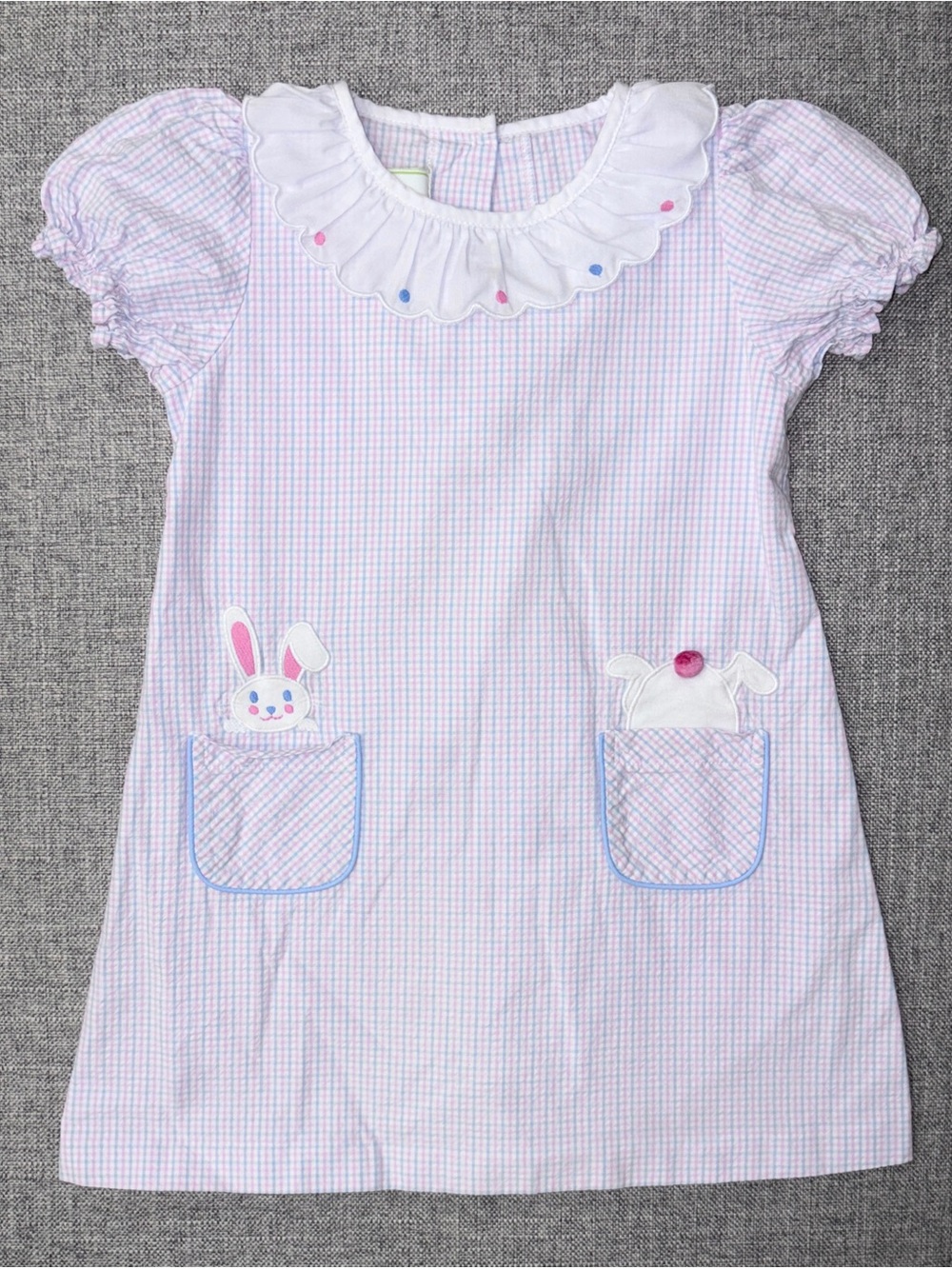 Girls' Pink Gingham Bunny Pocket Nightgown with Ruffle Collar